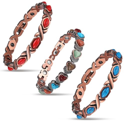 Misdary 3 Pcs Copper Magnetic Bracelets for Women Ultra Strength Magnetic Bracelet with Magnets Natural Turquoise Stones Adjustable Jewelry Gift