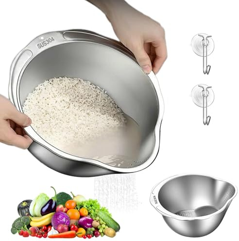 2 Stück Reis Waschschüssel Edelstahl - Sieb Küche Nudelsieb - Reissieb mit Ausgießer, Küchensieb geeignet zum Abtropfen und Waschen von Reis, Quinoa, Nudeln, Obst, Gemüse
