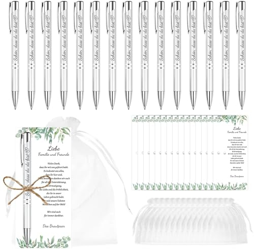 PIAKAZIQA Gastgeschenk Hochzeit 15 Personalisierter Kugelschreiber Hochzeit | Schön das du da bist Druckkugelschreiber mit Organzabeutel Kard Hochzeit Mitgebsel Party Geschenkset für Familie Freunde