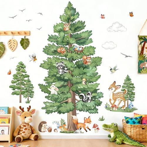 decalmile Wandsticker Waldtiere Baum Wandtattoo Große Kiefer(XL) | Abziehbare und Aufklebbare Wandaufkleber, DIY Abnehmbare Wandkunst Abziehbilder, Wandfreundlich, Leuchtenden Farben