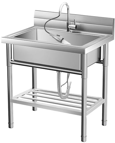 GarveeHome Spültisch Freistehend Edelstahl Gewerbliche Spülbecken Mit Ablage, Kalt- Und Warmwasseranschluss, Edelstahlspüle Mit Wasserhahn Für Außen, Innen, Küche, Restaurant, 50x46x85cm