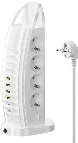 Multiprise avec USB C, multiprise Tour 8 Prises avec 6 USB, 2M câble | Protection contre les surtensions et interrupteur, Câble rallonge 2M, Pour bureau et maison