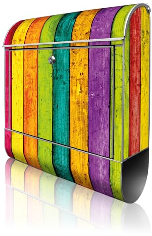 banjado Design Briefkasten 38,5x46,5x13cm & 2 Schlüssel - Briefkasten Stahl Silber mit Zeitungsfach pulverbeschichtet - Postkasten A4 Einwurf inkl. Montagematerial - Motiv Bunte Holzlatten