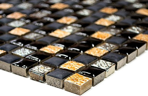 Mosaik Quadrat Resin/Stein mix schwarz mit kupfer Glasmosaik Rustikal, Mosaikstein Format: 15x15x8 mm, Mattengröße: 305x305 mm, 1 Matte