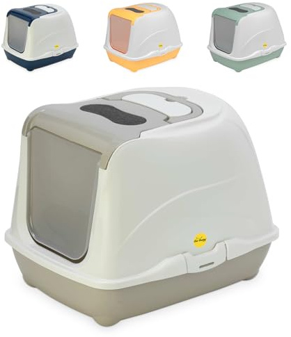 CAT CENTRE Grey Flip Hooded Cat Litter Tray with Carbon Filter and Scoop | Hooded litter box with flip door, charcoal filter, scoop included, deep pan, reduces scatter and odour