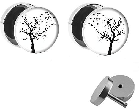 Treuheld® | Lebens-Baum mit Blättern | Ohrstecker Set | Tree of Life Fake Plugs mit Gewinde zum Schrauben | 10mm | Chirurgenstahl Ohrringe Stecker
