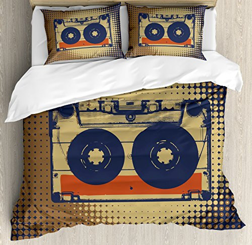 Ambesonne 70s Party Duvet Cover Set, Audiocassette Retro Music Theme Pop Art Vintage Obsolete Happy Vibes, Decorative 3 Piece Bedding Set with 2 Pillow Shams, Queen Size, Night Blue Tan Orange