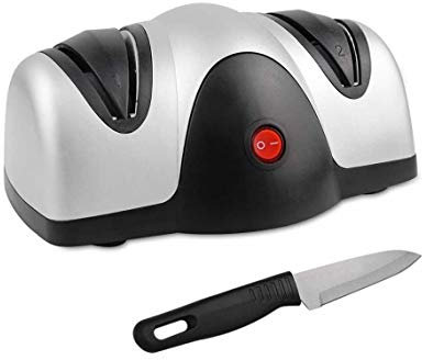 Domaier - Afilador de Cuchillos Eléctrico, Afilador de Cuchillas de Dos Niveles, Negro/Plateado, Material: Plástico ABS
