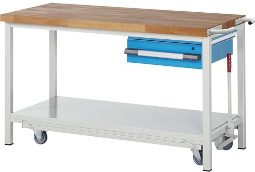 eurokraft | Fahr- und absenkbare Werkbank | Gestellbauweise Serie 8000 | 1 Hängeschublade | Ablageboden | BxT 1500 x 700 mm