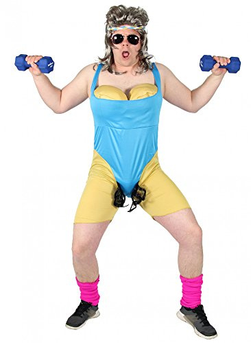 Foxxeo Komplett-Set 80er Jahre Workout Kostüm mit XXL BusenStirnbandPerückeSonnenbrille und pinken Stulpen für Männer Größe M