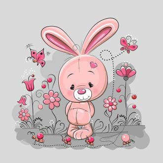40x50cm French Terry Stoff Panel mit Hase - Kinderstoff für Mädchen - Sommersweat Panelstoffe für Baby & Kinder - Stoffpanel Stoffe zum Nähen - Tiere Stoffpanele mit rosa & grau - keine Meterware