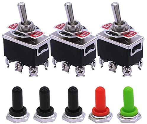 mxuteuk 3 Stück Schwerlast Kippschalter 16A 250V 20A 125V DPDT EIN/AUS/EIN Hochleistungs-Wippkippschalter 6 Klemme 3 Position 5 Stück Metallknopf-Abdeckkappe Wasserdicht, Ten-1322