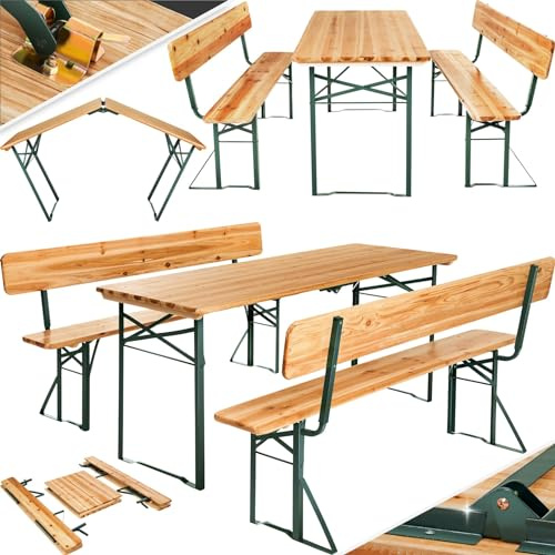 tectake® Set 3 Pezzi da Birreria, Tavolo e Panche da Esterno con Comodo Schienale, Struttura in Acciaio, Cerniere Robuste, Set da Giardino - Set da Birra con Schienale, Tavolo 176 x 42,5 x 83 cm