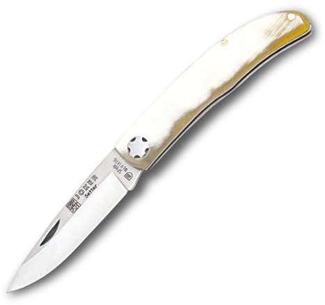 Joker Navaja de pistón Setter NA112 con cachas en asta de toro y hoja MOVA de 6.5 cm, herramienta de pesca, caza, camping y senderismo