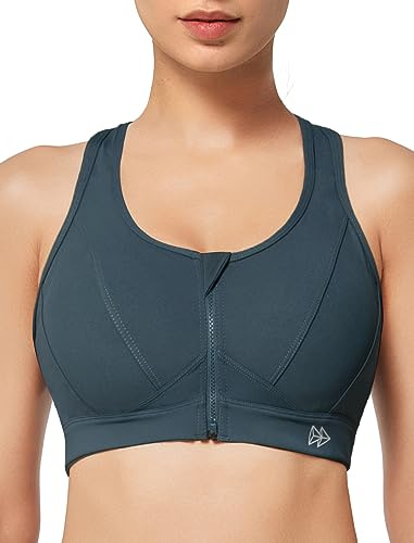 Yvette Sport-bh med dragkedja, robust sport-bh för kvinnor, i plusstorlek, perfekt för träning, fitness och löpning, Blå (Haze blå), M