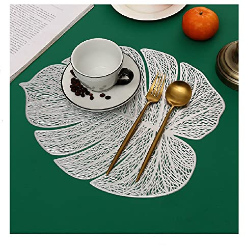 6er Tischset Set Ausgehöhlte Blätter Platzset Waschbar Tischset Dekorativer Rutschfester Kunststoff Platzdeckchen für Küche Tisch (Silber B)