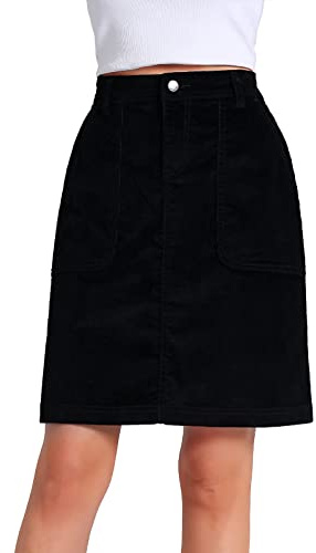 JEANIR Women's Corduroy Stretch Midi Skirt A-line Skirt Zip Skirt Knee-Length Skirt with Pocket (Black, Medium)