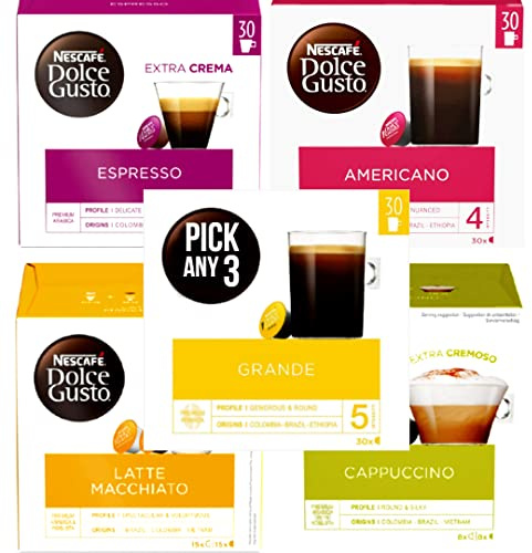 Nescafé Dolce Gusto PICK ANY 3 Coffee Pods from 6+ Flavours Inc. Cappuccino, Americano, Grande, Latte Macchiato and Espresso (Total 3 Pack, 90 Capsules)