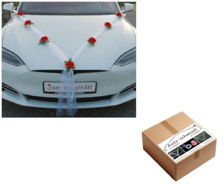 DER Klassiker Auto-schmuck 100% fertige Dekoration Braut Paar Rose Deko Autoschmuck Hochzeit Car Auto Wedding Deko Ratan Girlande (rot/weiß)