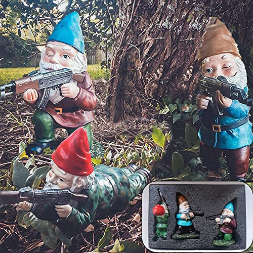 GAZETSZ Garden Gnomes, 4.5inch Gnome Statues, Military Gnome with Gun, Funny Army Gnomes Decorations for Yard, Indoor Outdoor Halloween Christmas Thanksgiving Gifts (Red+Yellow+Blue)