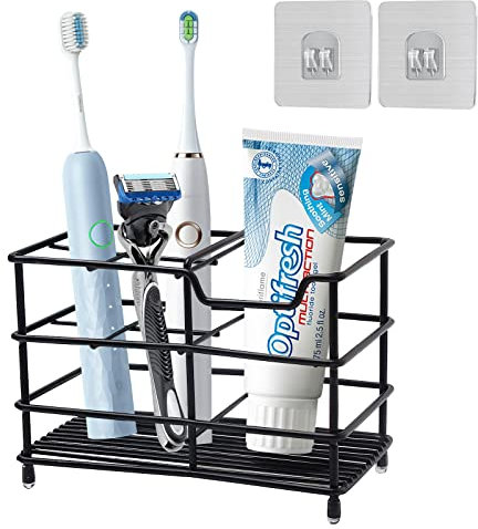 Toothbrush Holder Stainless Steel Black, Wentsent Antibacterial Stainless Steel Tooth Brush Holder, Toothpaste Holder Organizer Stand Caddy for Bathroom Storage Toothbrush Caddy