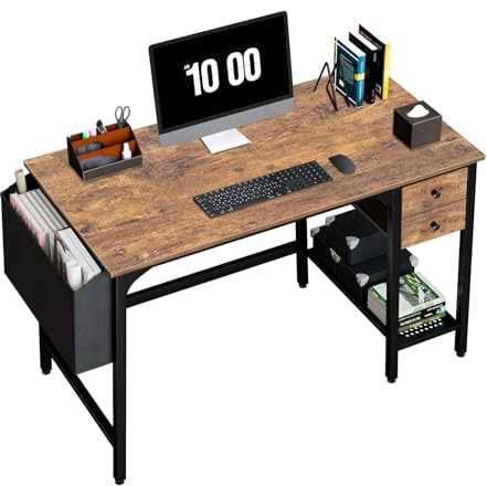 Lufeiya Computer Desk with Drawers - 40 Inch Work Reversible Small Desk for Bedroom Home Office, Simple Study Writing Table PC Desks with Drawer Storage Shelves, Rustic Brown