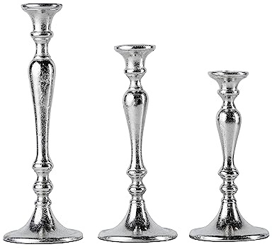 3er Set Kerzenständer Kerzenhalter Aluminium Silber Deko - Kerzenleuchter Modern für Stabkerzen - Tischdeko Hochzeit - Dekoration Wohnzimmer - H 23, 28 und 33 cm