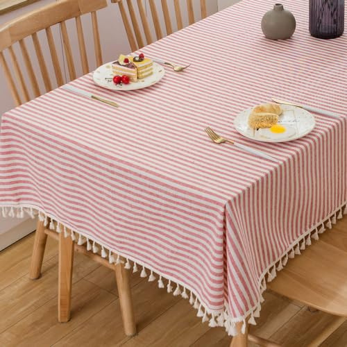 Plenmor Leinen Rot Outdoor Tischdecke Gestreift Baumwolle 140x180, Leinenoptik Tischdecke Abwaschbar Table Cloth Boho Tischdecken Rot für Geburtstag, Valentinstag