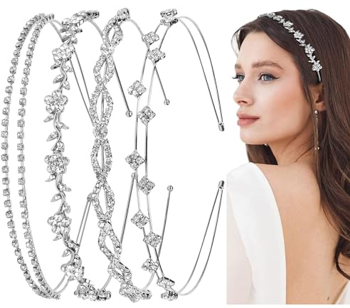 WOVOWOVO 4 Pcs Rhinestone Headbands for Women Silver Bridal Headband Crystal Flower Girl Headpiece Flower Leaf Tiara Crown Head Band Wedding Hair Accessories for Girls