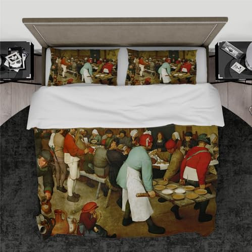 DINGSION Pieter Bruegel der Ältere Queen Size Bettwäsche Set 3-teilig Bauernhochzeit Schlafzimmer Bettwäsche-Set mit 2 Kissentüchern 4 Krawatten Reißverschluss 200 x 200 cm
