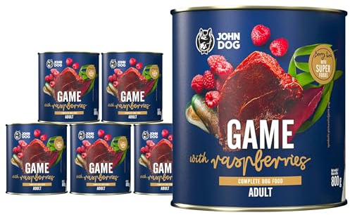 John Dog Hundefutter für Hunde Berry Line Wildschwein mit Himbeeren - Getreidefrei Hundenassfutter mit Superfoods und 96% Fleisch & Innereien - Nassfutter für Erwachsene Hunde 6 x 800g
