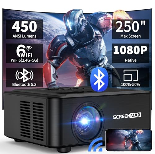 SCREENMAX 1080P NATIVE Projector with Wifi and Bluetooth, 2024 450 ANSI Portable Movie Projector for Outdoor Use, Home Video Projector Compatible with iPhone/Android/TV Stick
