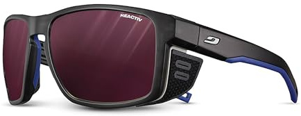 Julbo Shield M Mountain Sunglasses - Translucent Black/Blue/White Frame - Transparent/Rose w/Multilayer Blue Mirror Lens (REACTIV 0-4 High Contrast)