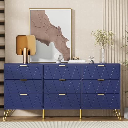 UEV Commode, Armoire à 9 Tiroirs, Meuble Rangement, 150 x 34 x 74 cm, Bleu
