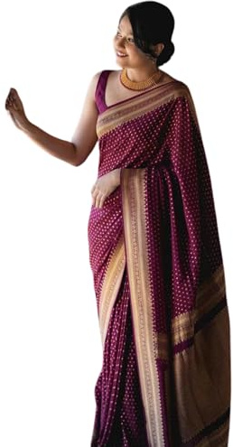 KNETLI Kanjivaram Banarasi - Sari da donna in morbida seta, stile tradizionale indiano, con camicetta non cucita per matrimoni, Oro marrone, Etichettalia unica