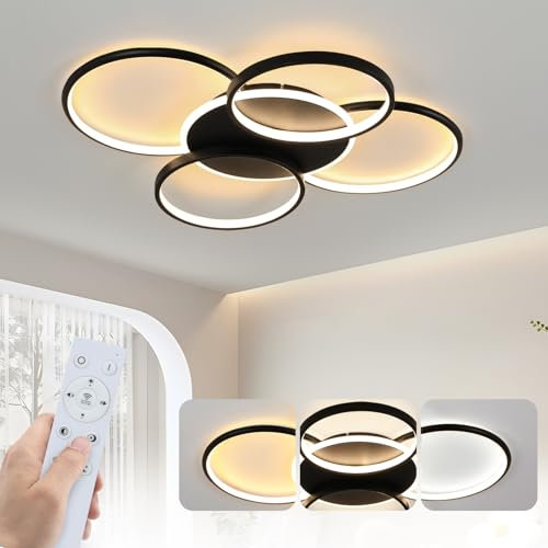 GBLY Deckenlampe LED Deckenleuchte Wohnzimmer: Wohnzimmerlampe Dimmbar 70W mit Fernbedienung 5-Ringen Schwarz Schlafzimmerlampe Modern Acryl Deckenbeleuchtung für Büro Schlafzimmer Esszimmer