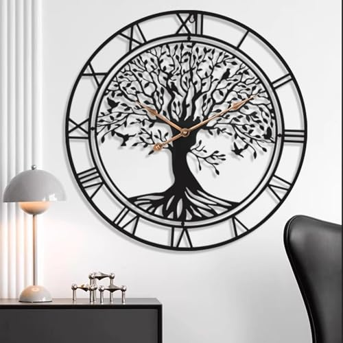 TOHOOYO Große Baum des Lebensuhr Metall Schwarz Wanduhr Große Wanduhr Home Decor Wohnzimmer Wanduhren mit Zahlen Silent Mid-Centuryuhr Moderne Familie Uhr Wand 24 Zoll Frühling
