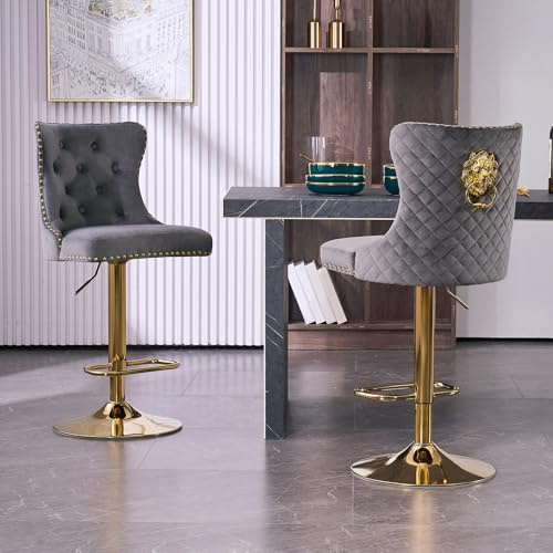 KHISCHMO Moderne Samt Barhocker 2er Set, Höhenverstellbar, 360° drehbar, Tresenhocker mit Lehne, Löwenkopf-Design, Barstuhl für Küche und Theke, Grau/Gold