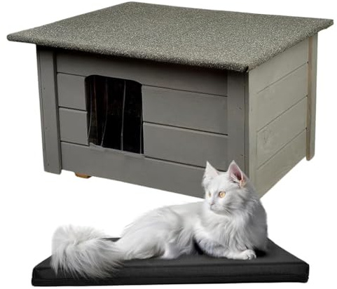 WOODOK Katzenset – Katzenhaus aus Holz mit Isolierung + Waschbare Katzenmatte – Komfortabler Rückzugsort für drinnen und draußen – Perfekt für Zuhause, Garten & Reisen - 54x39x34 cm