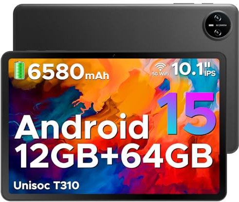 DOOGEE Tab A9 Android 15 Tablet 10 Inch(2025), Unisoc T310 Android Tablets 12GB RAM 64GB ROM(TF 2TB), 6580 mAh Battery, 5G WiFi|Dual Speaker|8MP AI Camera|Type-C|GMS|Bluetooth|Face ID|3.5mm Jack-Black
