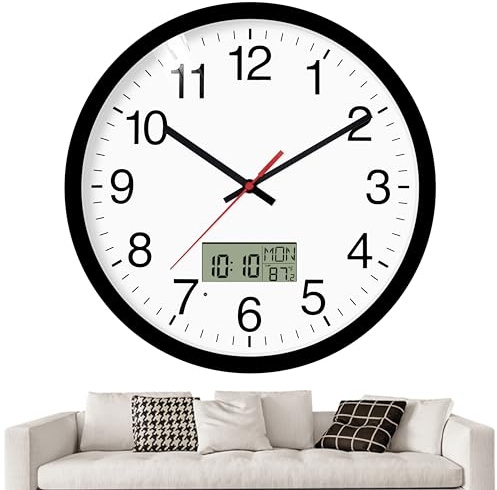 Koosome 12 Digital Wall Clock with Temp Week Switchable Time and Perprtual Calendar on LCD Display, Silent Battery Operated Analog Clock for Bedroom Classroom Office Garage (Black)