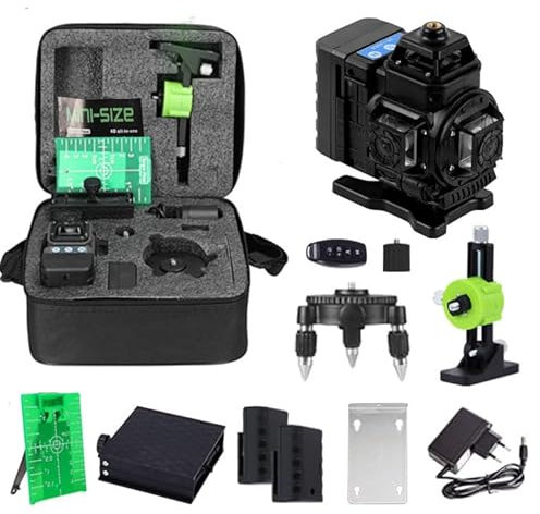 Niveau Laser Chantier Autonivelant 360° x 4D,Niveaux 16 Lignes Laser,IP54 étanche à l'eau et à la Poussière,Mode Pulsé Extérieur,2 x Batterie,Support Rotatif,Télécommande,pour la Construction