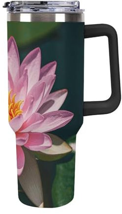 40 oz Becher mit Henkel, Seerose, Edelstahl Kaffeebecher, wiederverwendbarer Reisebecher, auslaufsicherer, isolierter Autobecher, Becher mit großem Fassungsvermögen für unterwegs, im Freien, zu Haus