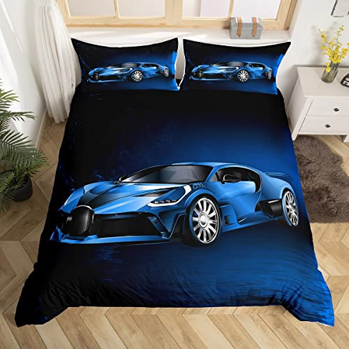 richhome Voiture de Sport Parure de Lit Voiture de Course Bleue Housse de Couette 220x240cm pour Enfants Garçons Filles Sports extrêmes Ensemble de literie Cool Speed Car Literie Set 3 pièces