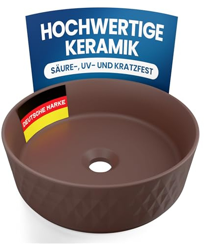 rtmr Aufsatzwaschbecken, Waschbecken rund 36 cm – Keramik Waschschale Taupe matt – Modernes Design Waschtisch Schüssel für Bad & Gäste-WC – Waschbecken rund ohne Überlauf