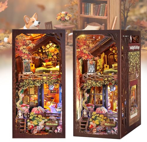 Autumn Cottage Book Nook Kits for Adults - Cozy Woodland 3D Puzzle with LED | Fall Leaves & Puppy Diorama | Mindful Gifts for Book Lovers (Orange)