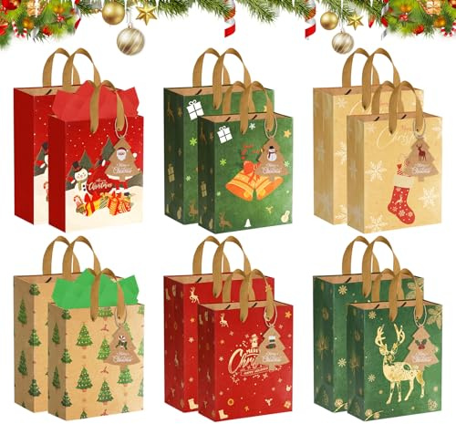absolove 12 Stk Geschenktüten Weihnachten,6 Groß & 6 Klein Weihnachtstüten Papiertüten mit Griff,Natur Weihnacht Kraftpapier Geschenktaschen Wiederverwendbar Henkeltüten zu Geschenke&Partys—Stil 2