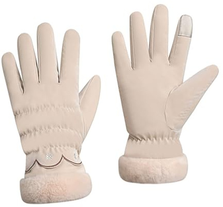 Feelorna Winterhandschuhe für Damen, Touchscreen-Handschuhe, wasserdicht, Thermohandschuhe mit Plüschfutter und Bündchen, winddicht, warme Handschuhe für den täglichen Gebrauch im Winter (Beige)