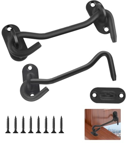 Pack of 2 Storm Hooks Stainless Steel Black with Eyelet, Latch & Bolt for Door Locks, Door Bolt Exterior & Inside, Door Bolt Black, Door Lock Window, Includes 4 Screws, Small Sliding Bolt