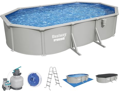 Bestway Hydrium Stahlwandpool Komplett-Set oval 610 x 366 x 122 cm Granitgrau Gartenpool mit Sandfilteranlage